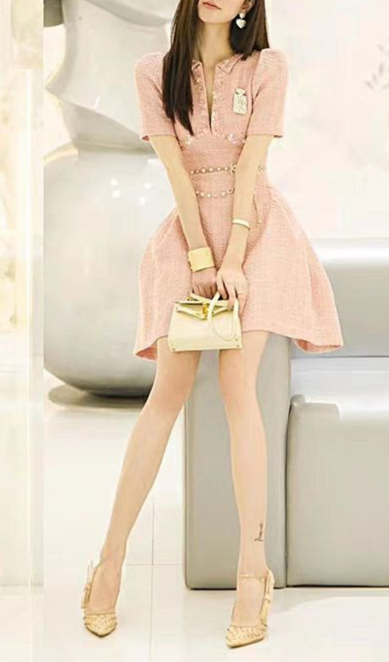 A-LINE BEADED SEQUINE MINI DRESS IN PINK-Fashionslee