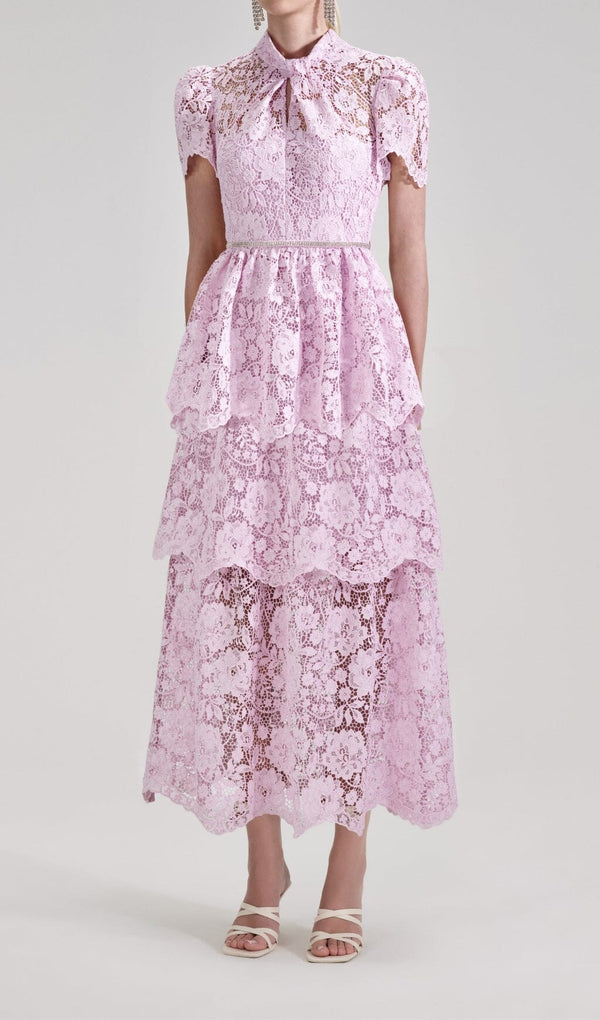 CORD LACE TIERED MIDI DRESS IN PINK-Fashionslee