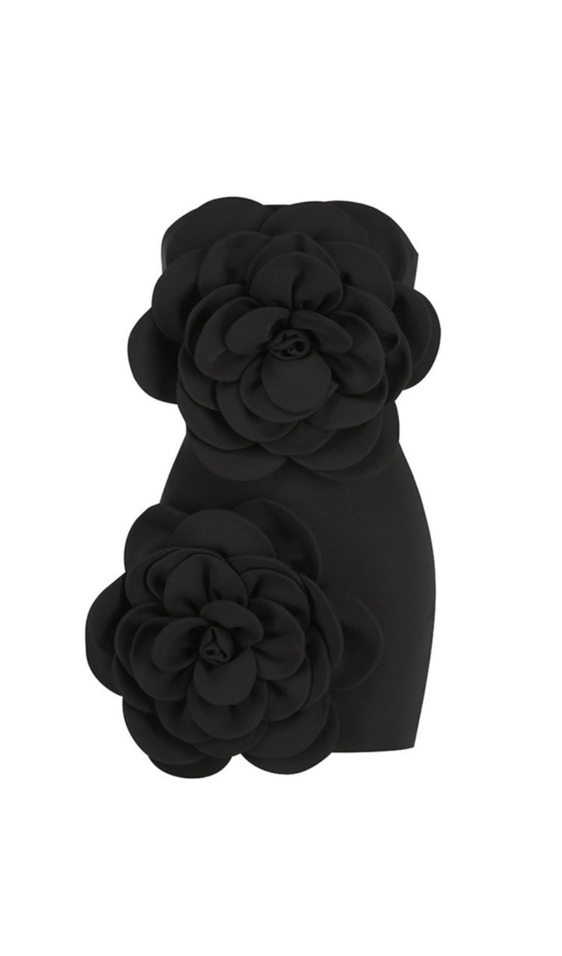 ANNABETH BLACK FLOWER BIND MINI DRESS-Fashionslee