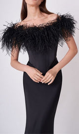 FEATHER OFF SHOULDER MERMAID MAXI DRESS BLACK-Fashionslee