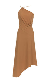 BROWN ONE SHOULDER SLEEVELESS CASUAL DRESS-Fashionslee