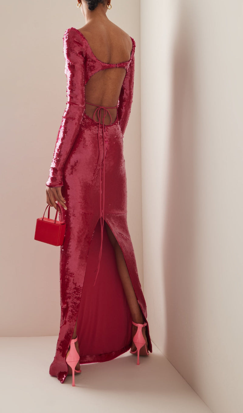 SEQUIN-EMBROIDERED CUT-OUT MAXI DRESS IN RED-Fashionslee