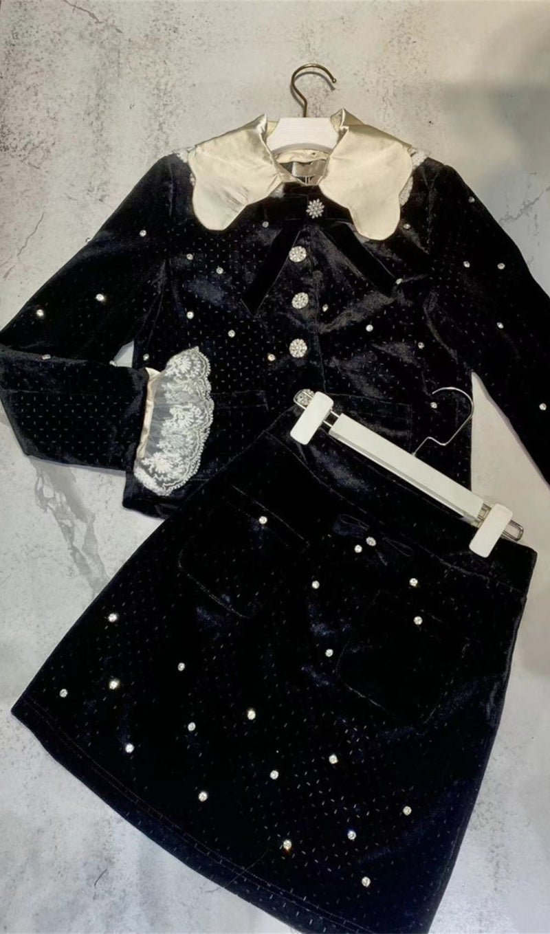 STARRY VELVET RHINESTONE LACE TRUMPET SLEEVE SHORT COAT & SKIRT SUIT-Fashionslee