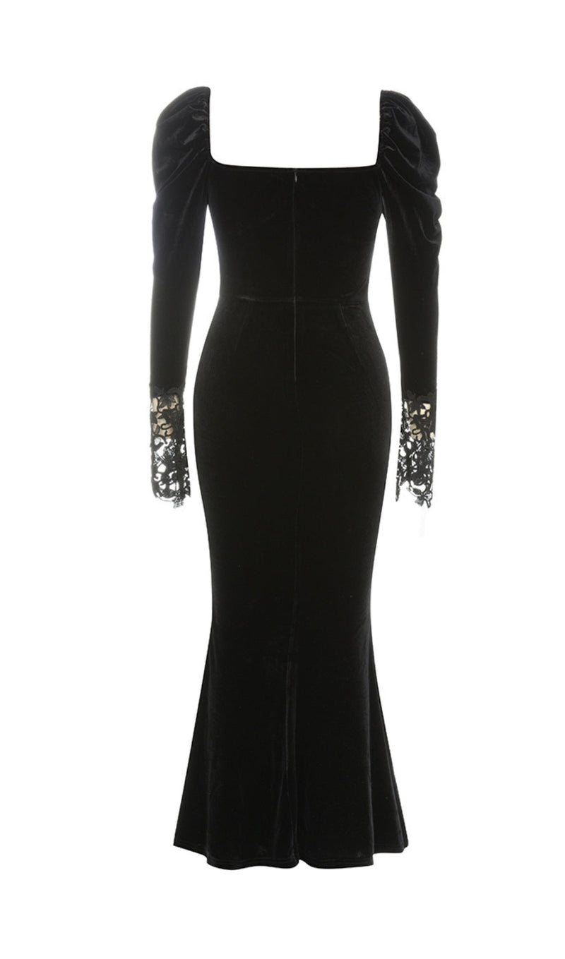ADELINA BLACK VELVET FISHTAIL DRESS-Fashionslee