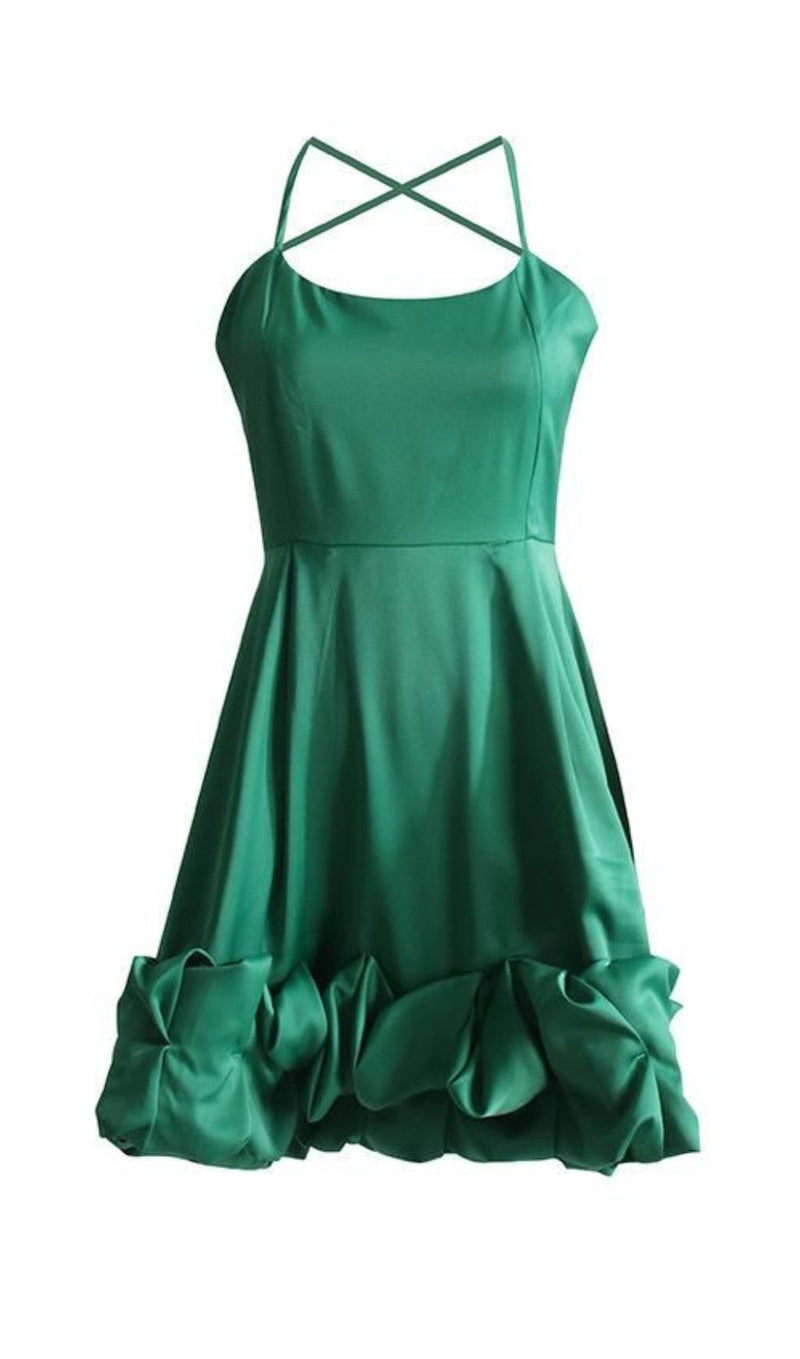 STRAPLESS HALTER SATIN MINI DRESS IN GREEN-Fashionslee