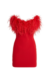 AGATHE RED FEATHER TRIM MINI DRESS-Fashionslee
