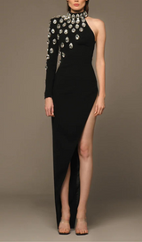 AUBREE ASYMMETRICAL BLACK CRÊPE DRESS-Fashionslee