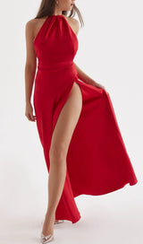 RED ROSE THIGH SLIT MAXI DRESS-Fashionslee