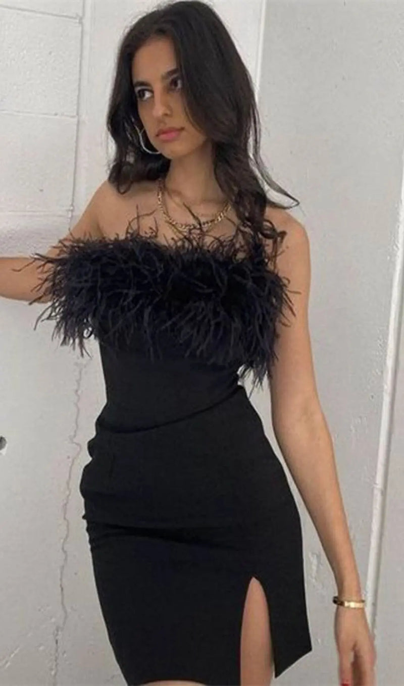 STRAPLESS FEATHER MINI DRESS IN BLACK-Fashionslee