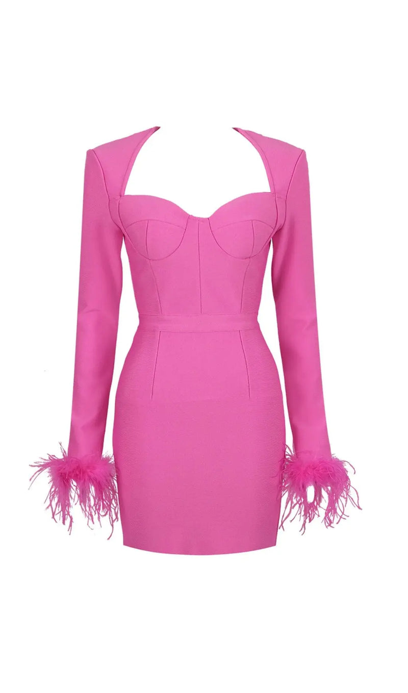 STRETCH LONG SLEEVES MINI DRESS IN HYPER PINK-Fashionslee