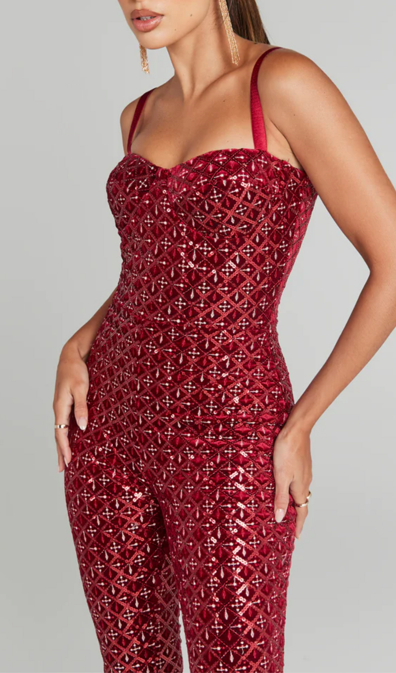 AFTON RED SEQUIN JUMPSUIT-Fashionslee