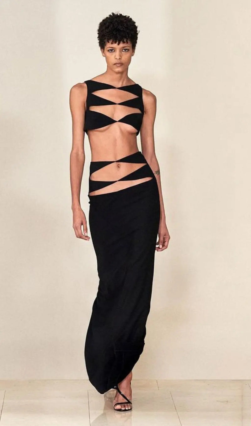 CUTOUT TWO PIECES SUIT IN BLACK-Fashionslee