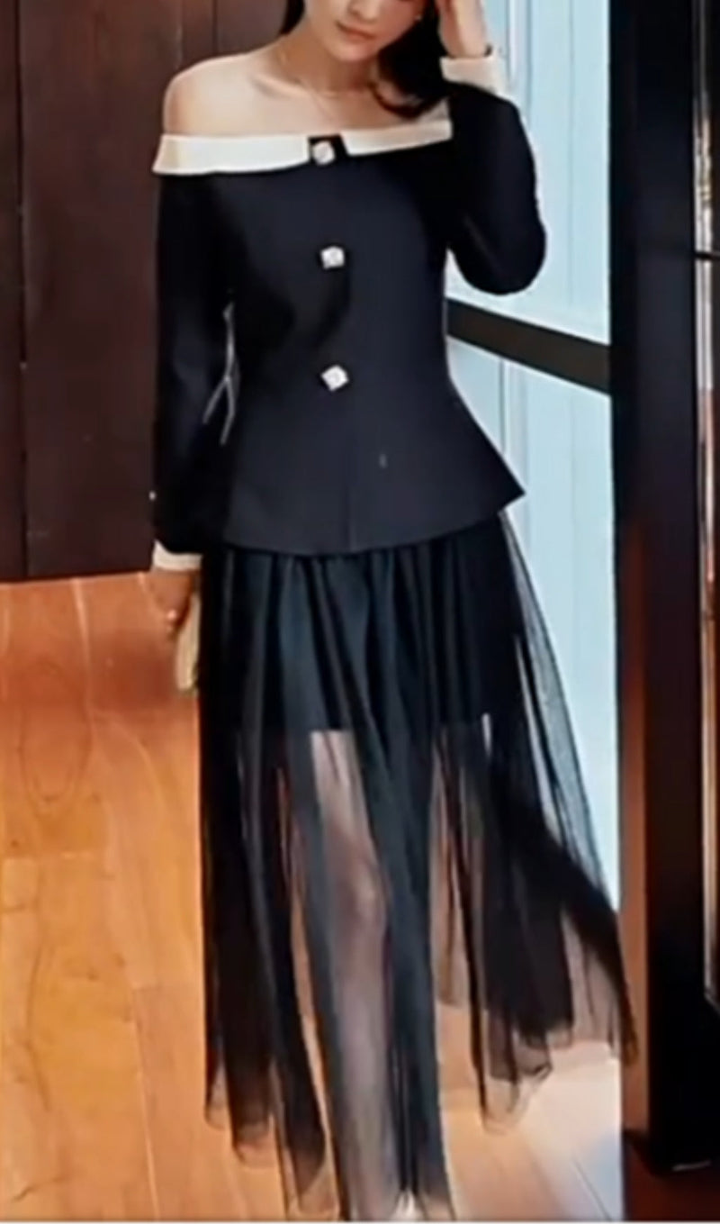 BOTTONS MESH TWO-PIECE SET DRESS IN BLACK-Fashionslee