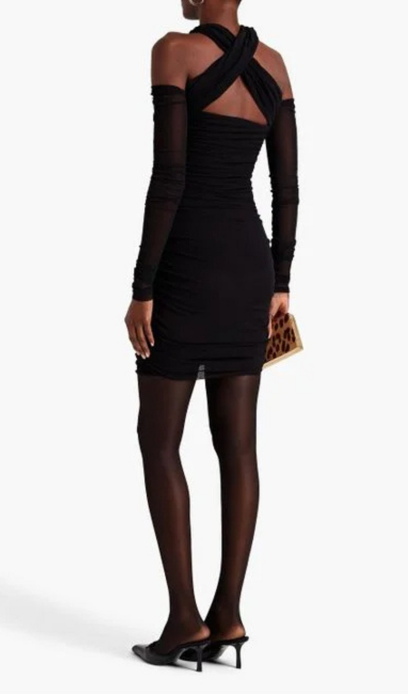 ALECIA BLACK COLD-SHOULDER MINI DRESS-Fashionslee