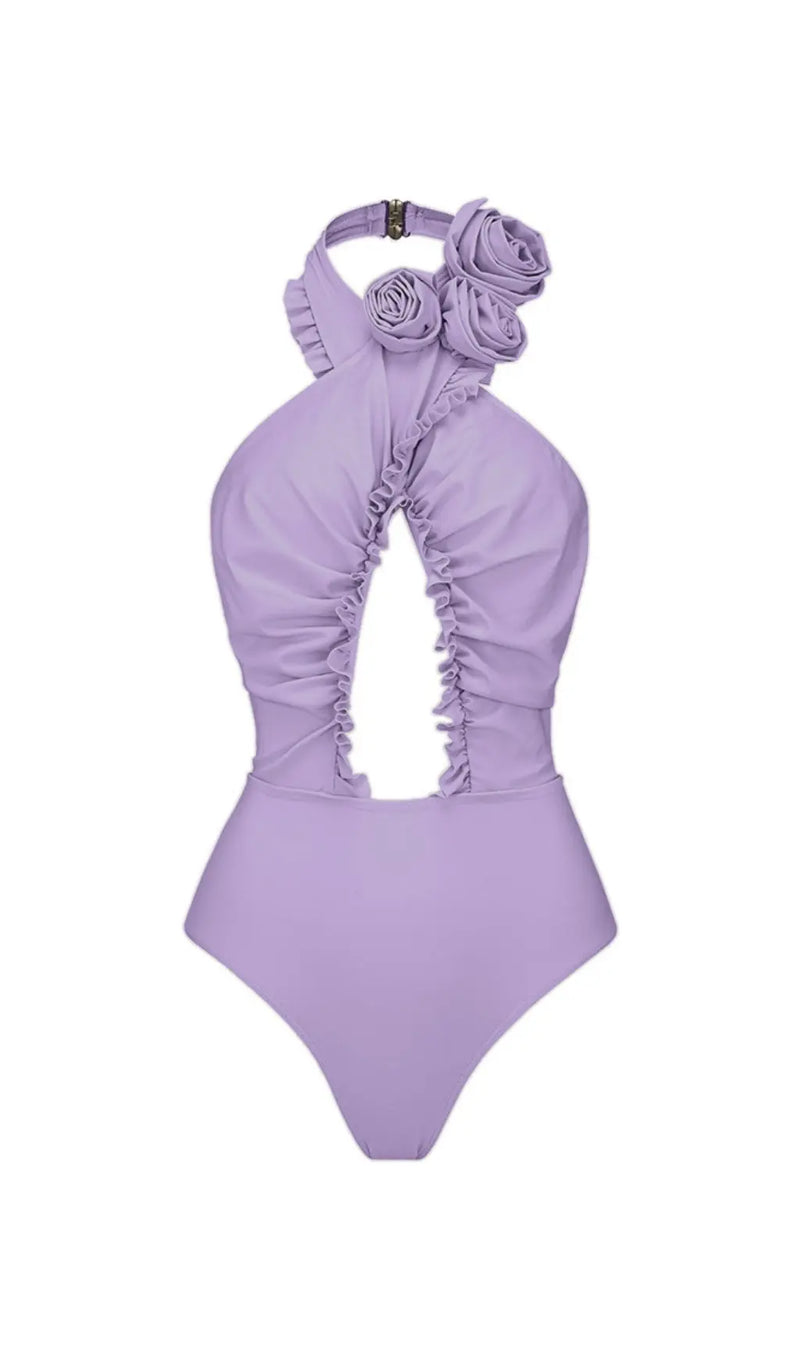 PURPLE HALTER 3D FLOWER ONE PIECE SWIMSUIT AND SARONG-Fashionslee