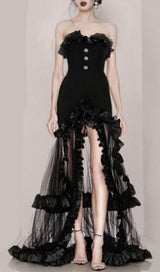 BLACK STRAPLESS TAIL MAXI DRESS-Fashionslee
