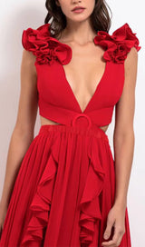 DEEP V RED CUTOUT ONE PIECE SWIMSUIT AND SKIRT-Fashionslee