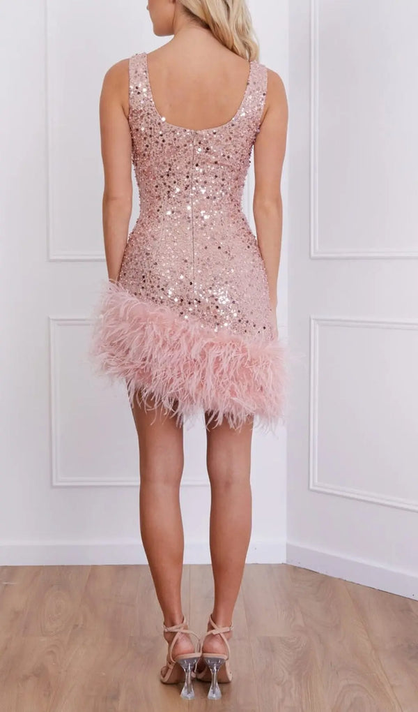 PINK FEATHER SEQUIN DRESS-Fashionslee