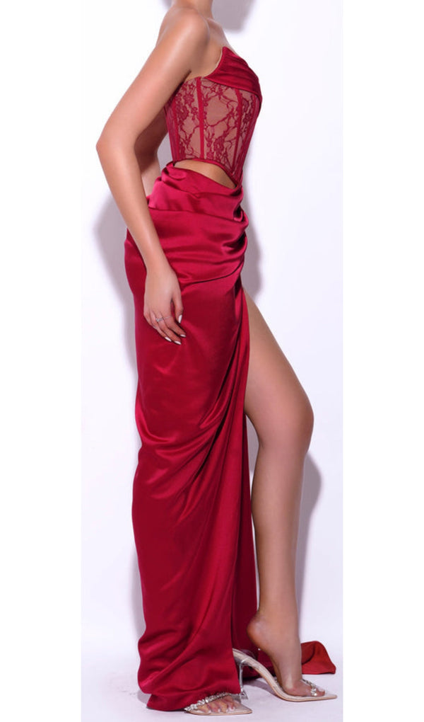 CORSET SATIN PLEATED MAXI DRESS IN RED-Fashionslee
