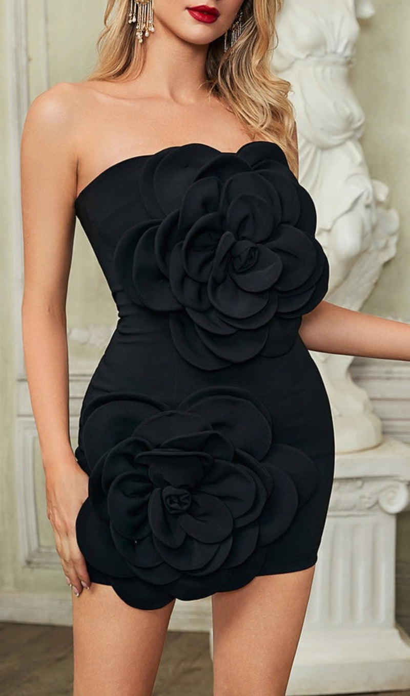 ANNABETH BLACK FLOWER BIND MINI DRESS-Fashionslee