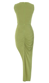 CUT OUT RUCHED MIDI DRESS IN GREEN-Fashionslee