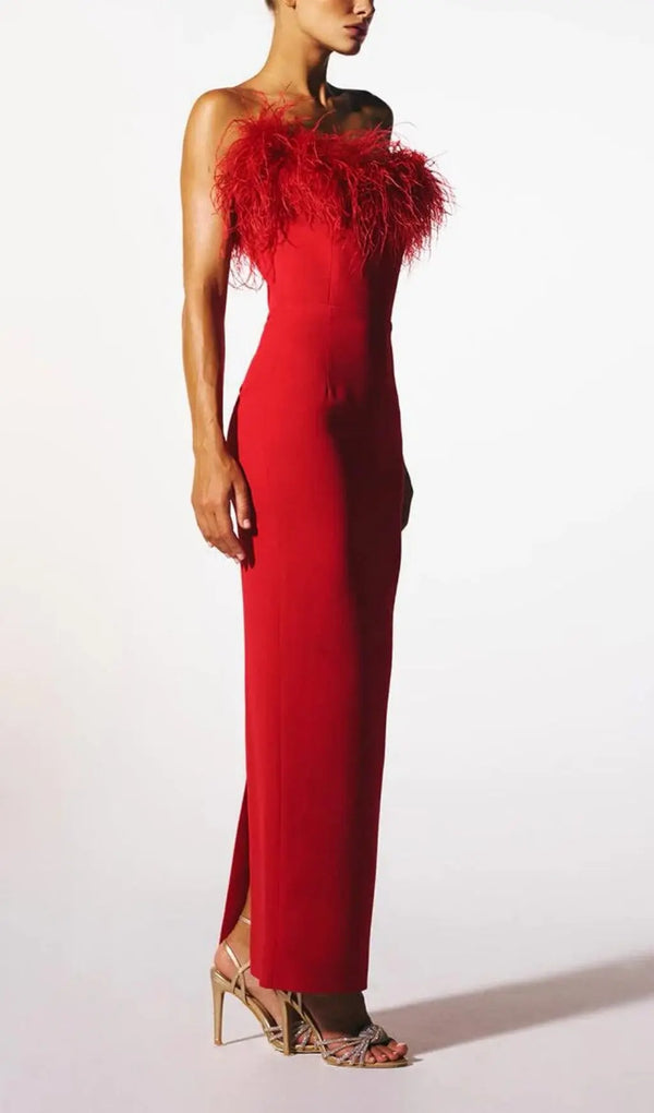 STRETCH STRAPLESS FEATHER TRIMMED GOWN IN RED-Fashionslee