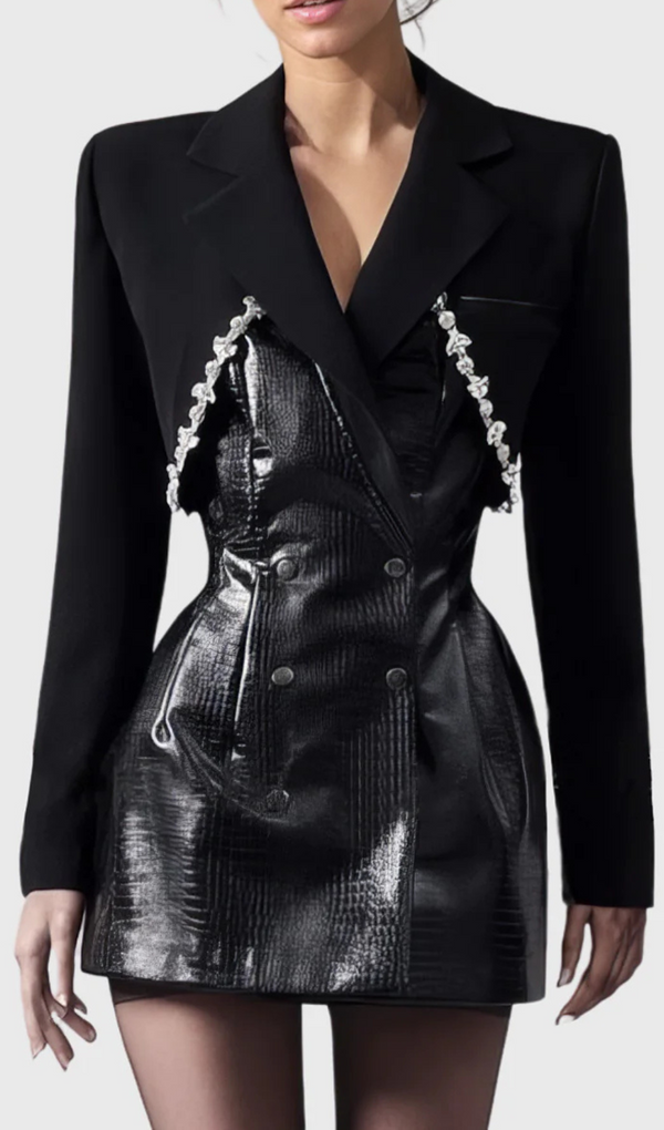 AXELLE TAILORED BLAZER DRESS WITH LEATHER-Fashionslee