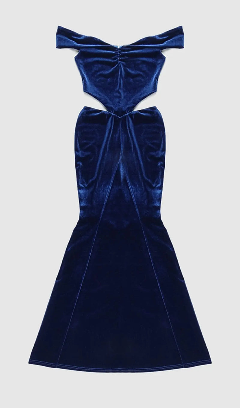 OFF SHOULDER WAIST HOLLOW VELVET MAXI DRESS IN BLUE-Fashionslee
