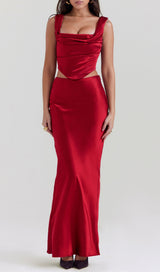 SATIN RUCHED TWO PIECES SET IN RED-Fashionslee