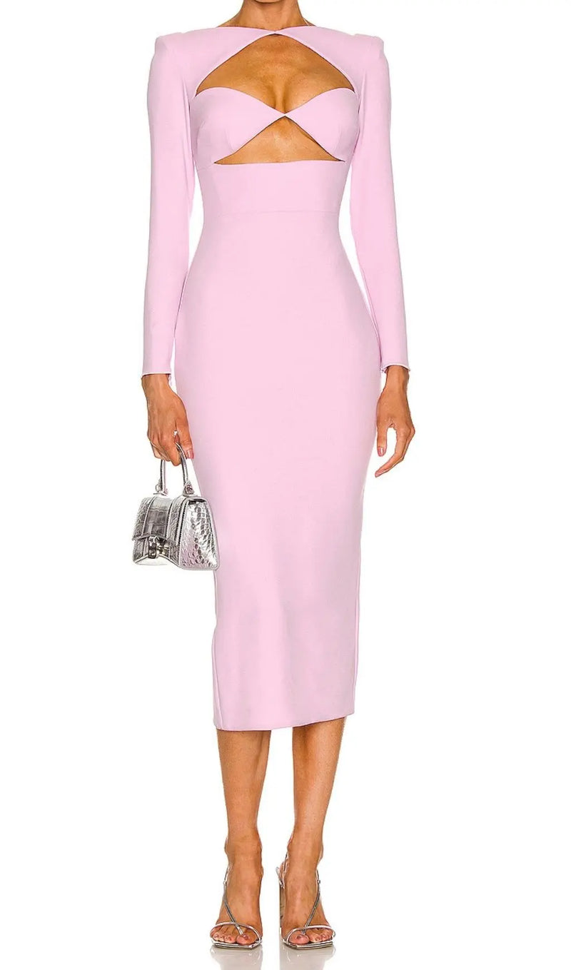 CUT OUT LONG SLEEVE MIDI DRESS IN PINK-Fashionslee
