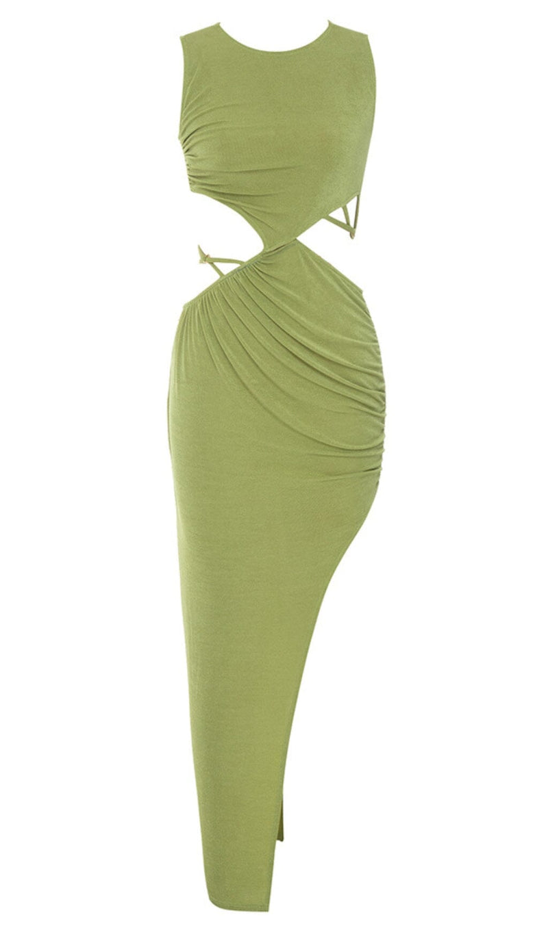 CUT OUT RUCHED MIDI DRESS IN GREEN-Fashionslee
