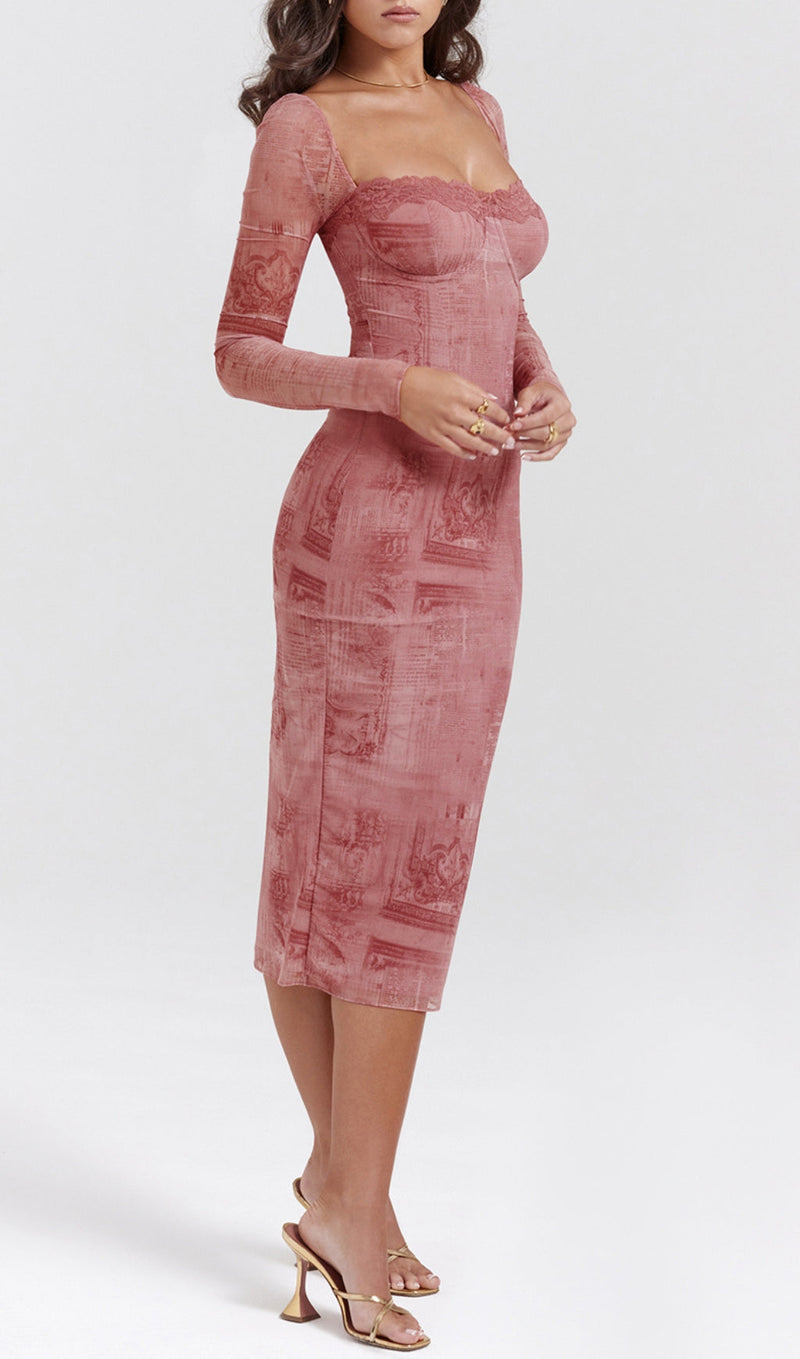 PRINTED LACE UP MIDI DRESS IN PINK-Fashionslee