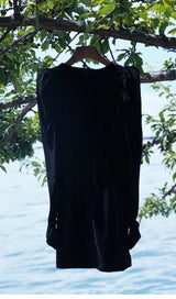 BLACK VELVET HOLLOW BOW LONG-SLEEVE MINI DRESS-Fashionslee