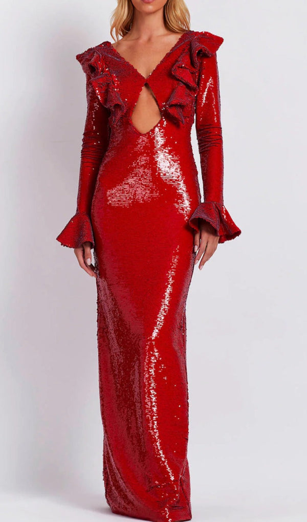 AZA RED SEQUIN BACKLESS MAXI DRESS-Fashionslee