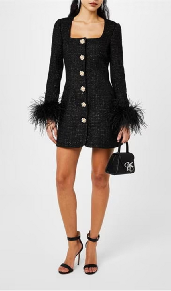ANNEKE BLACK FEATHER BOUCLÉ MINI DRESS-Fashionslee