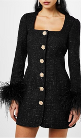 ANNEKE BLACK FEATHER BOUCLÉ MINI DRESS-Fashionslee