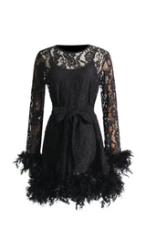 AUDREY FEATHER TRIMMED LACE DRESS-Fashionslee