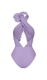 PURPLE HALTER 3D FLOWER ONE PIECE SWIMSUIT AND SARONG-Fashionslee