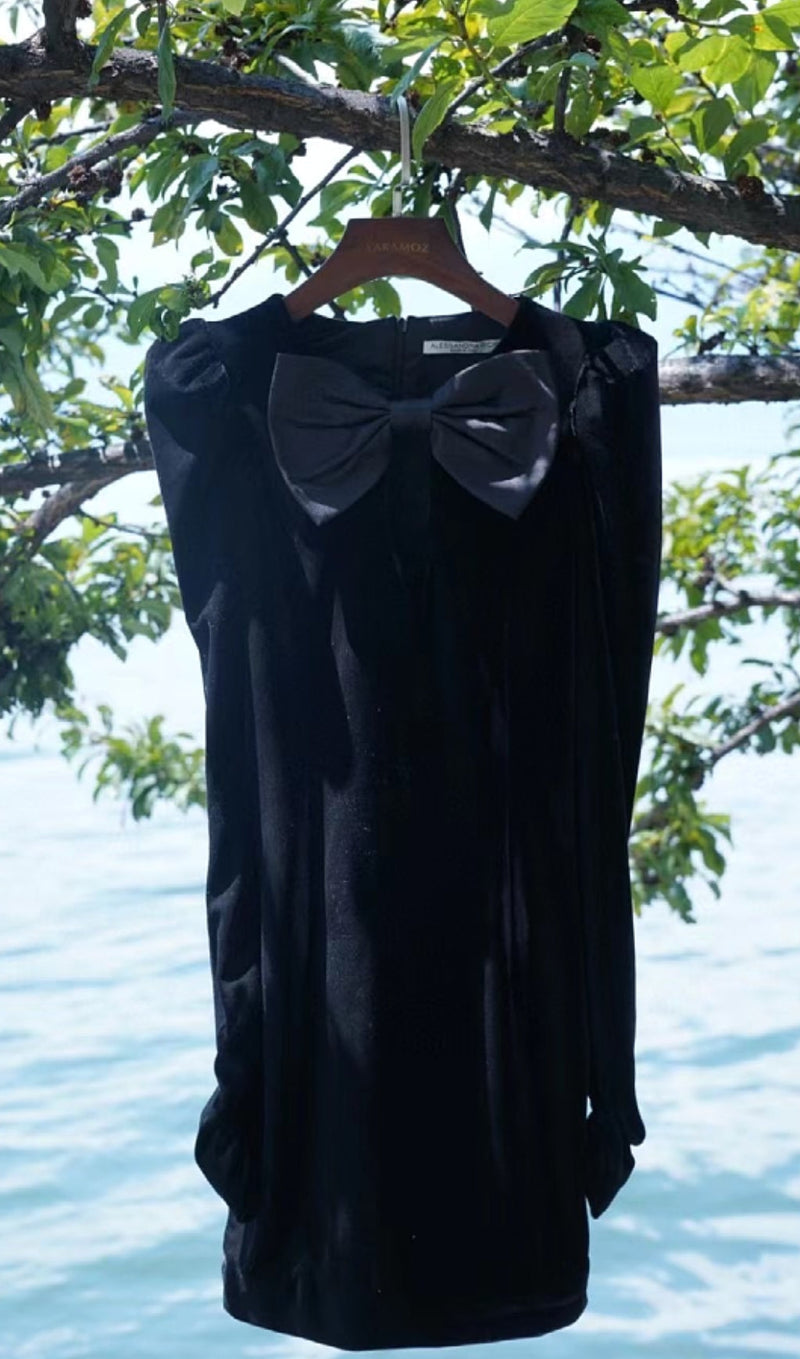 BLACK VELVET HOLLOW BOW LONG-SLEEVE MINI DRESS-Fashionslee