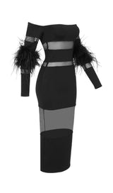 BANDAGE OFF-SHOULDER FEATHER MIDI DRESS IN BLACK-Fashionslee