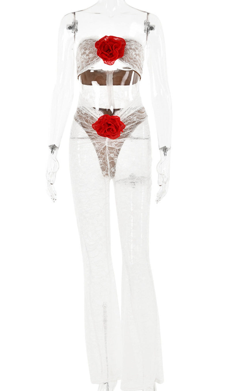 AMI WHITE FLOWER LACE HOLLOW JUMPSUIT-Fashionslee