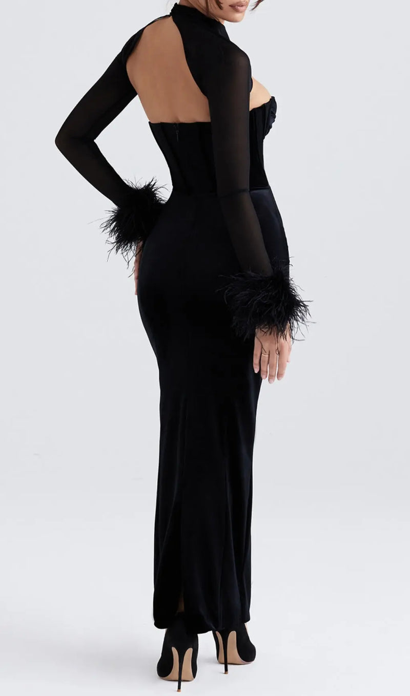 ADELAIDE BLACK VELVET CORSET MAXI DRESS-Fashionslee