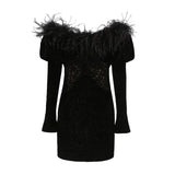 BLACK VELVET OFF SHOULDER MINI DRESS-Fashionslee