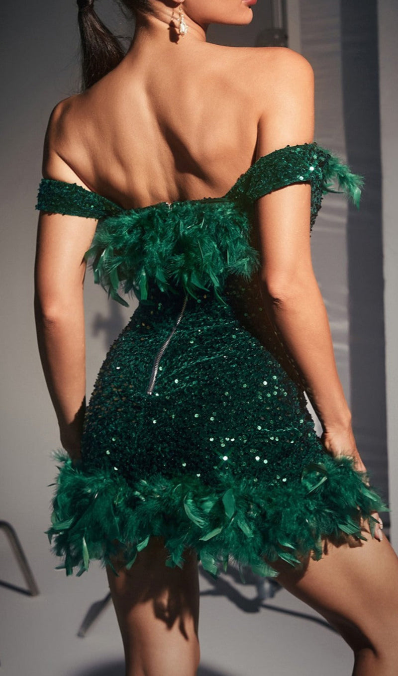 OFF SHOULDER SEQUIN FEATHER MINI DRESS IN GREEN-Fashionslee