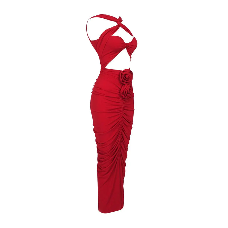 HALTER CUT OUT MAXI DRESS IN RED-Fashionslee