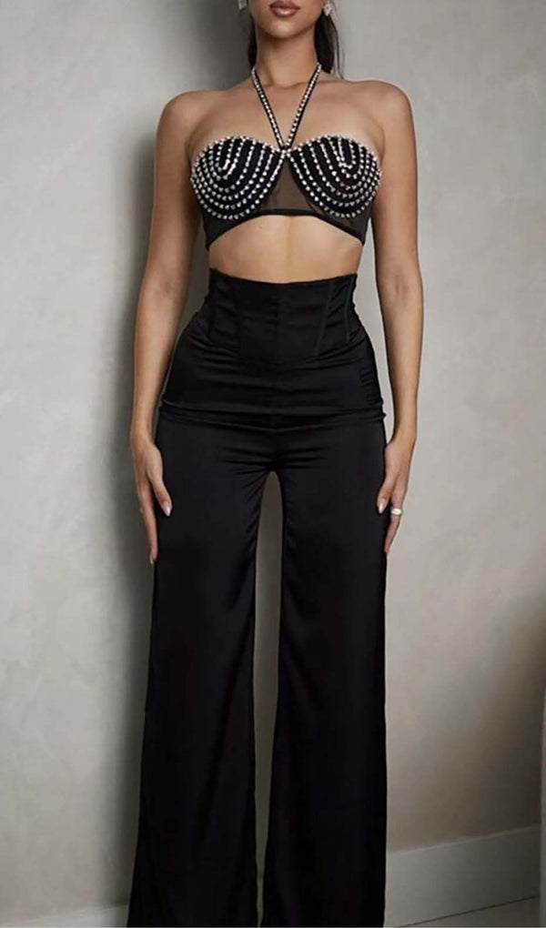 BEADING BUSTIER TWO-PIECE SET IN BLACK-Fashionslee