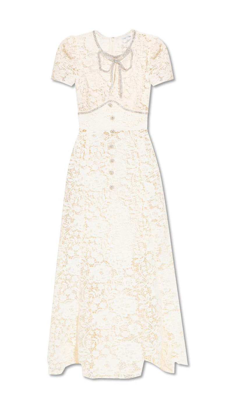 BOW-EMBELLISHED FLORAL-LACE MIDI DRESS IN BEIGE-Fashionslee