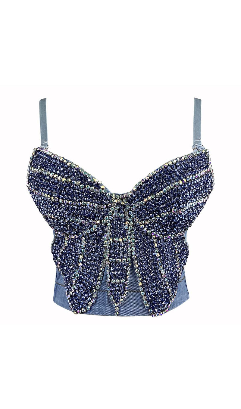 BOW-EMBELLISHED DENIM CROPPED TOP IN NAVY BLUE-Fashionslee