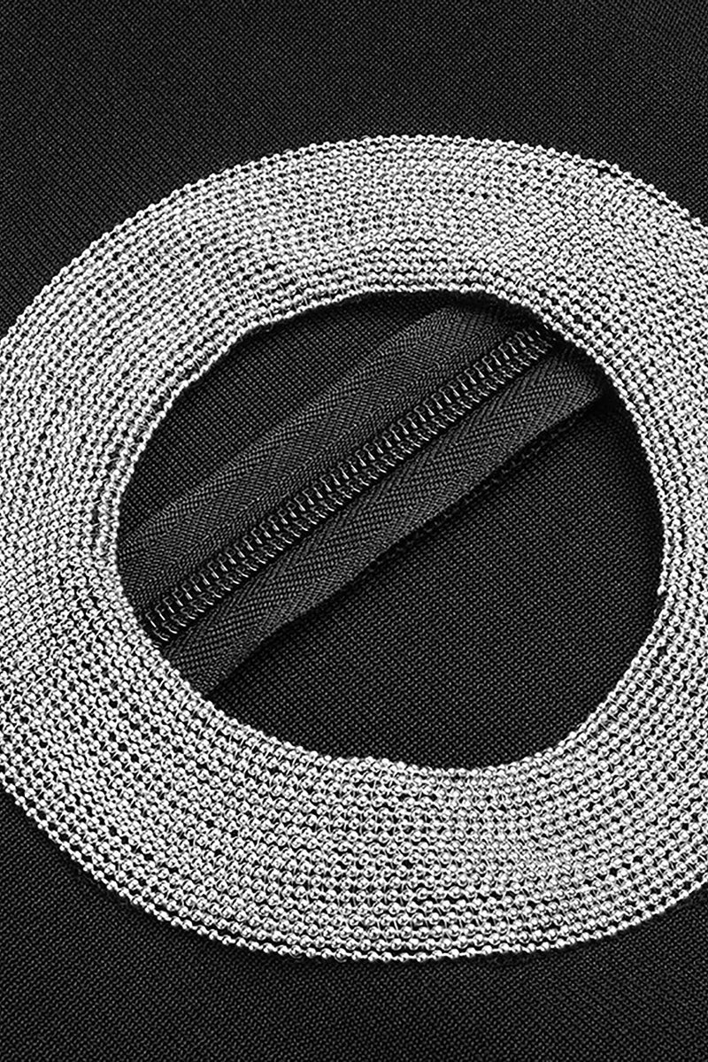Black Crew Neck Long Sleeve Beaded Cutout Ring Bandage Dress-Fashionslee
