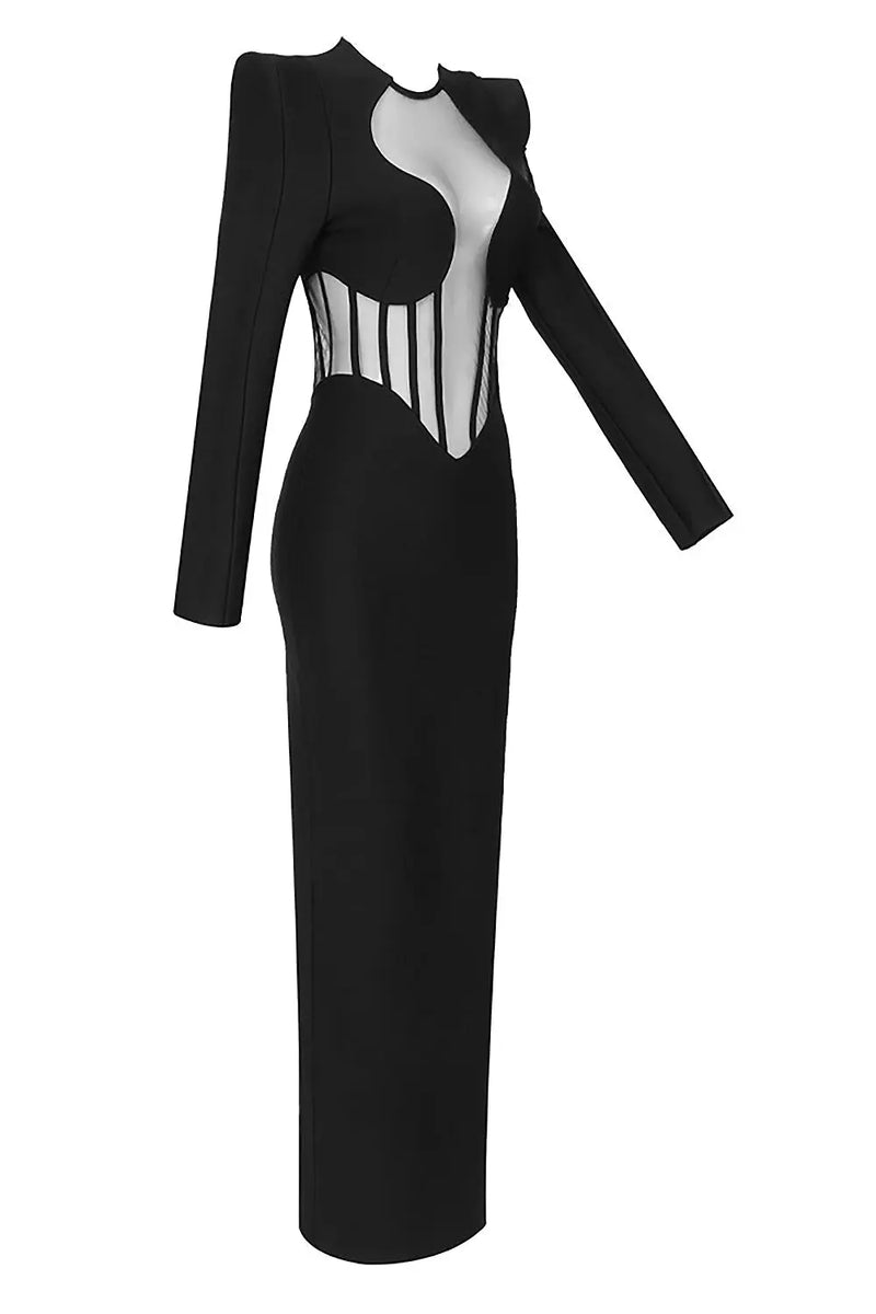 BLACK MESH CORSET DETAIL BANDAGE LONG DRESS-Fashionslee